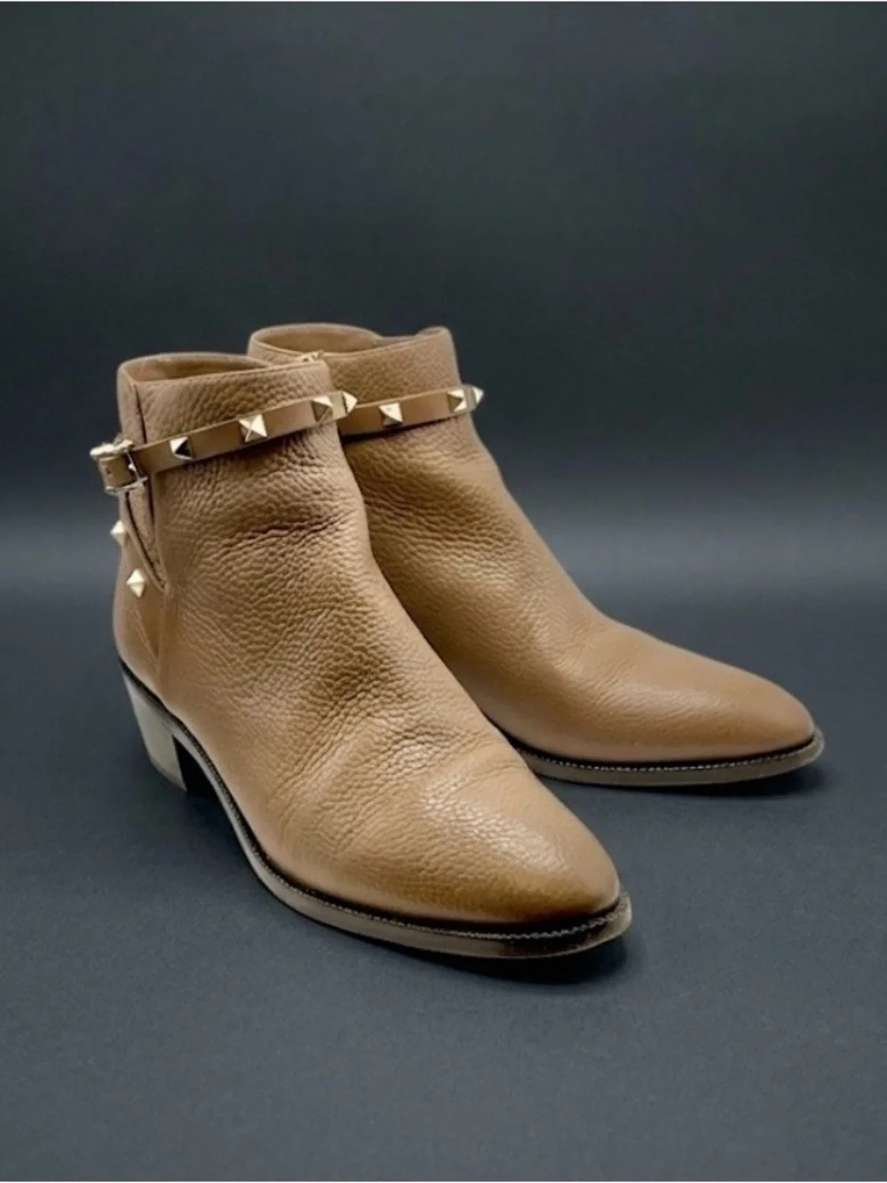 Valentino Rockstud Harness Leather Ankle Boots Poudre Tan EU 41 US 10.5